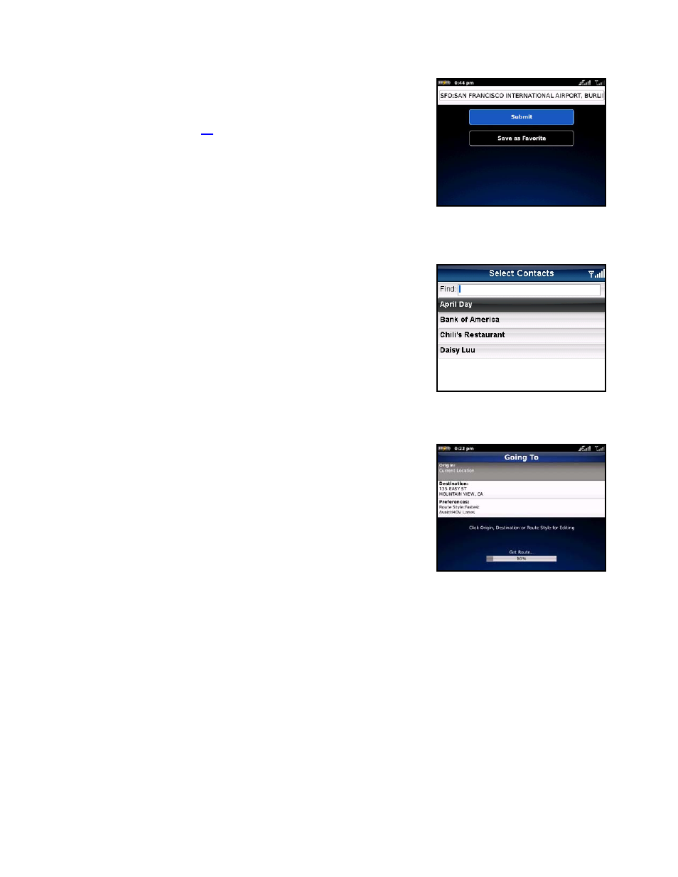 Contact, Navigation options (going to screen) | Telenav for Verizon Supported Devices: v5.5 for BlackBerry Storm User Manual | Page 27 / 64