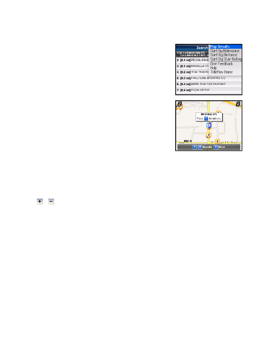 Sorting options, Map results | Telenav for Verizon Supported Devices: v5.5 for BlackBerry Storm User Manual | Page 40 / 64