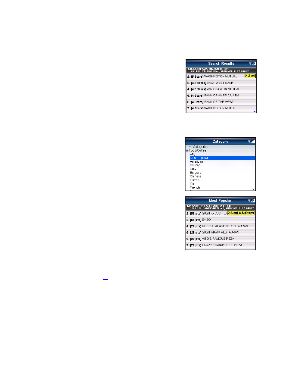 Sort by distance, Sort by popularity, Most popular category | Telenav for Verizon Supported Devices: v5.5 for BlackBerry Storm User Manual | Page 41 / 64