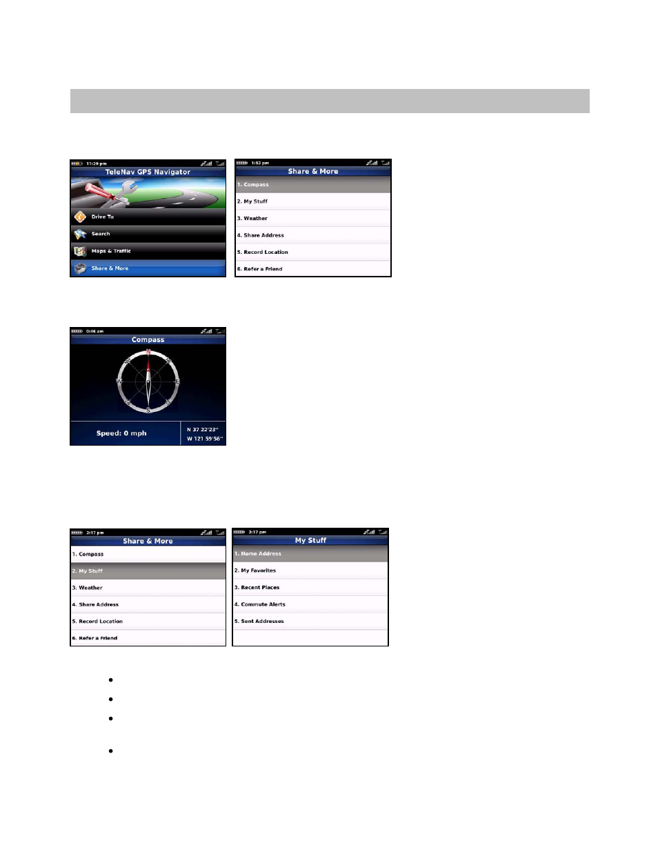 Share & more menu, Compass, My stuff | Telenav for Verizon Supported Devices: v5.5 for BlackBerry Storm User Manual | Page 47 / 64