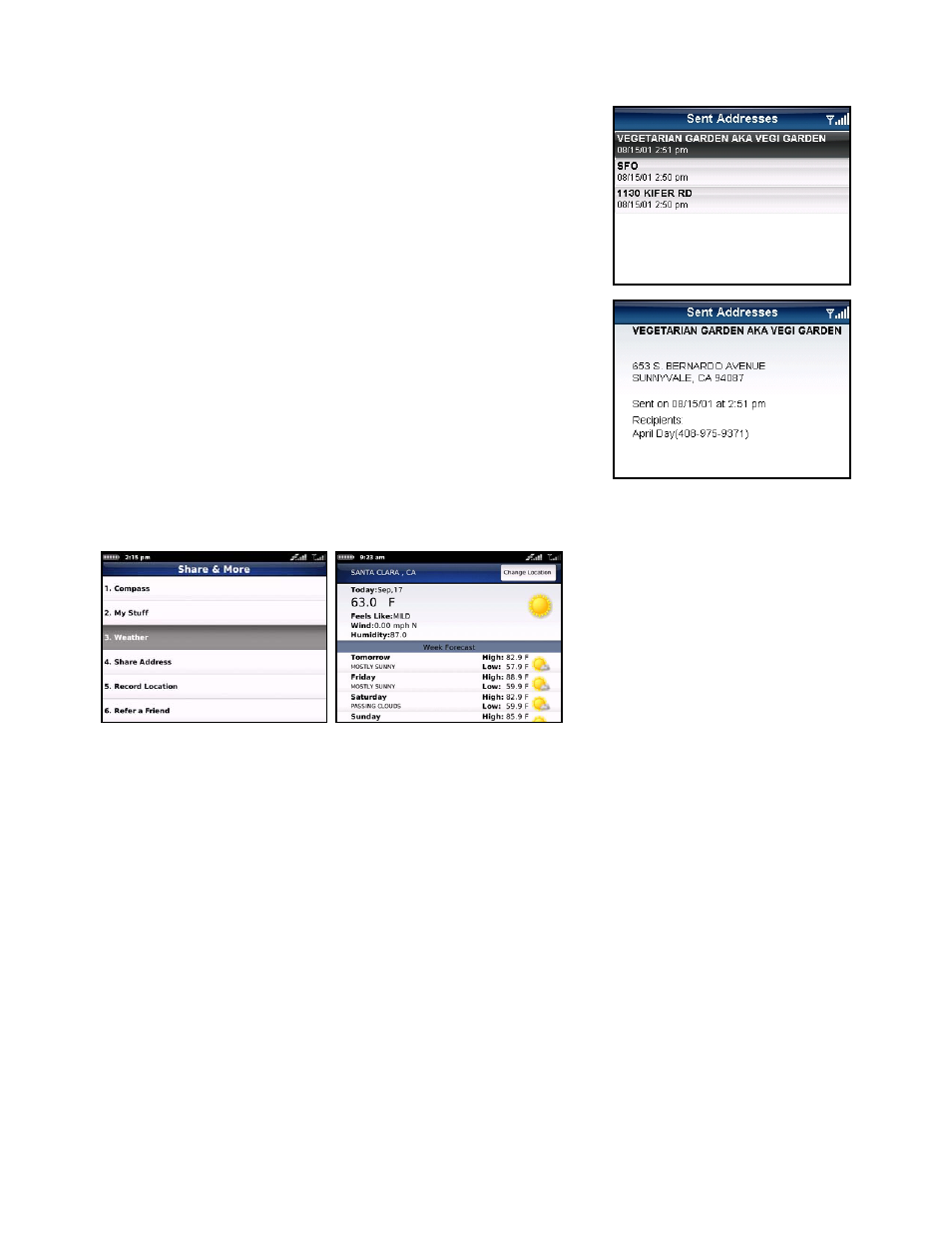 Sent addresses, Weather | Telenav for Verizon Supported Devices: v5.5 for BlackBerry Storm User Manual | Page 51 / 64