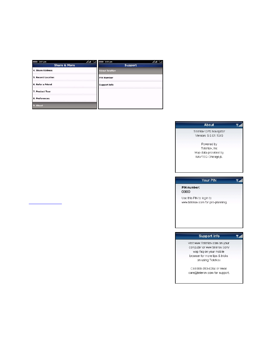 About, About telenav, Pin number | Support info | Telenav for Verizon Supported Devices: v5.5 for BlackBerry Storm User Manual | Page 56 / 64