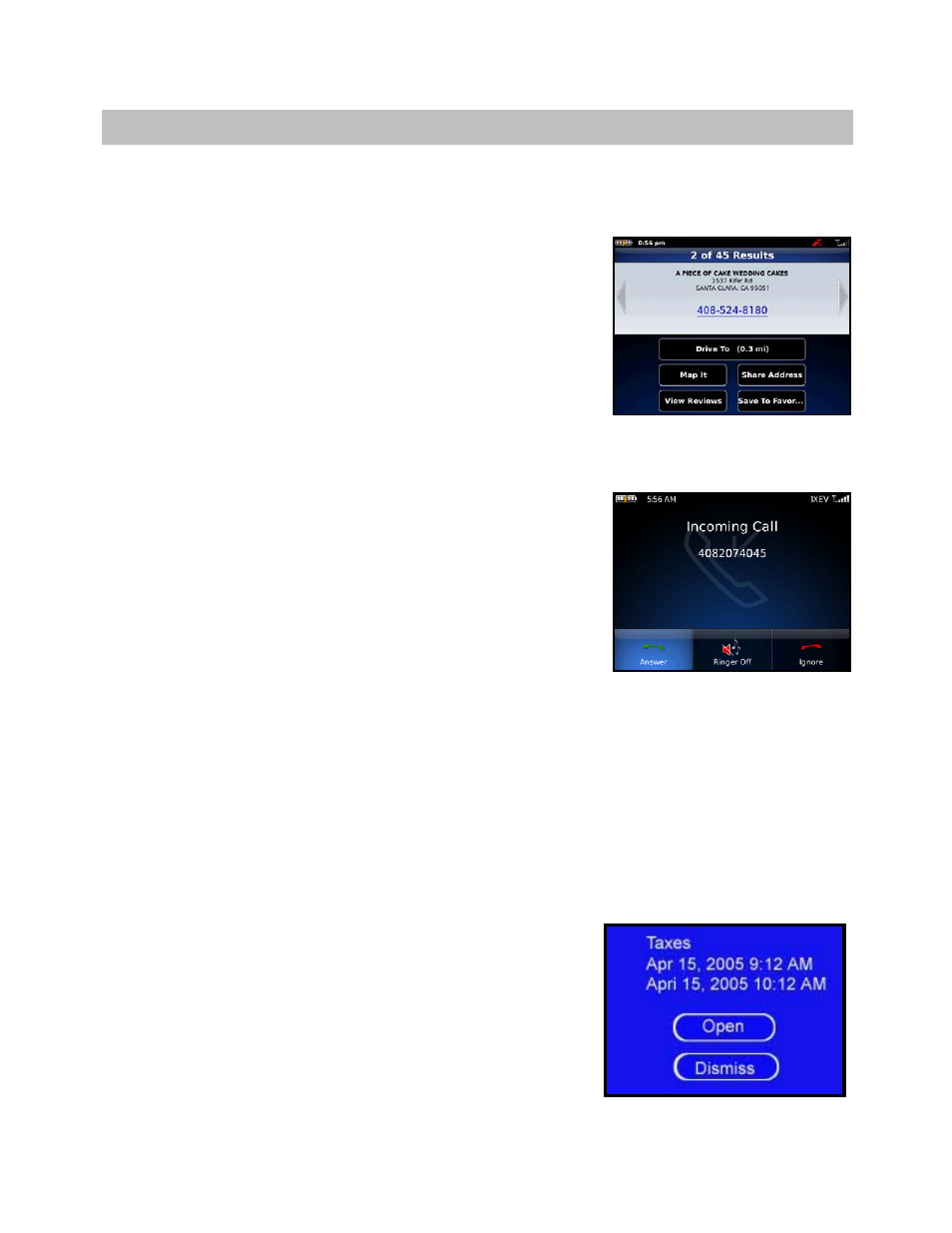 Suspending telenav gps navigator, Making a phone call from telenav gps navigator, Taking an incoming call | Calendar and e-mail events | Telenav for Verizon Supported Devices: v5.5 for BlackBerry Storm User Manual | Page 57 / 64