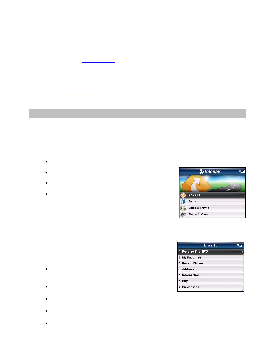 Telenav gps navigator menu overview, Main menu, Drive to menu | Telenav for Verizon Supported Devices: v5.5 for BlackBerry Tour User Manual | Page 14 / 68