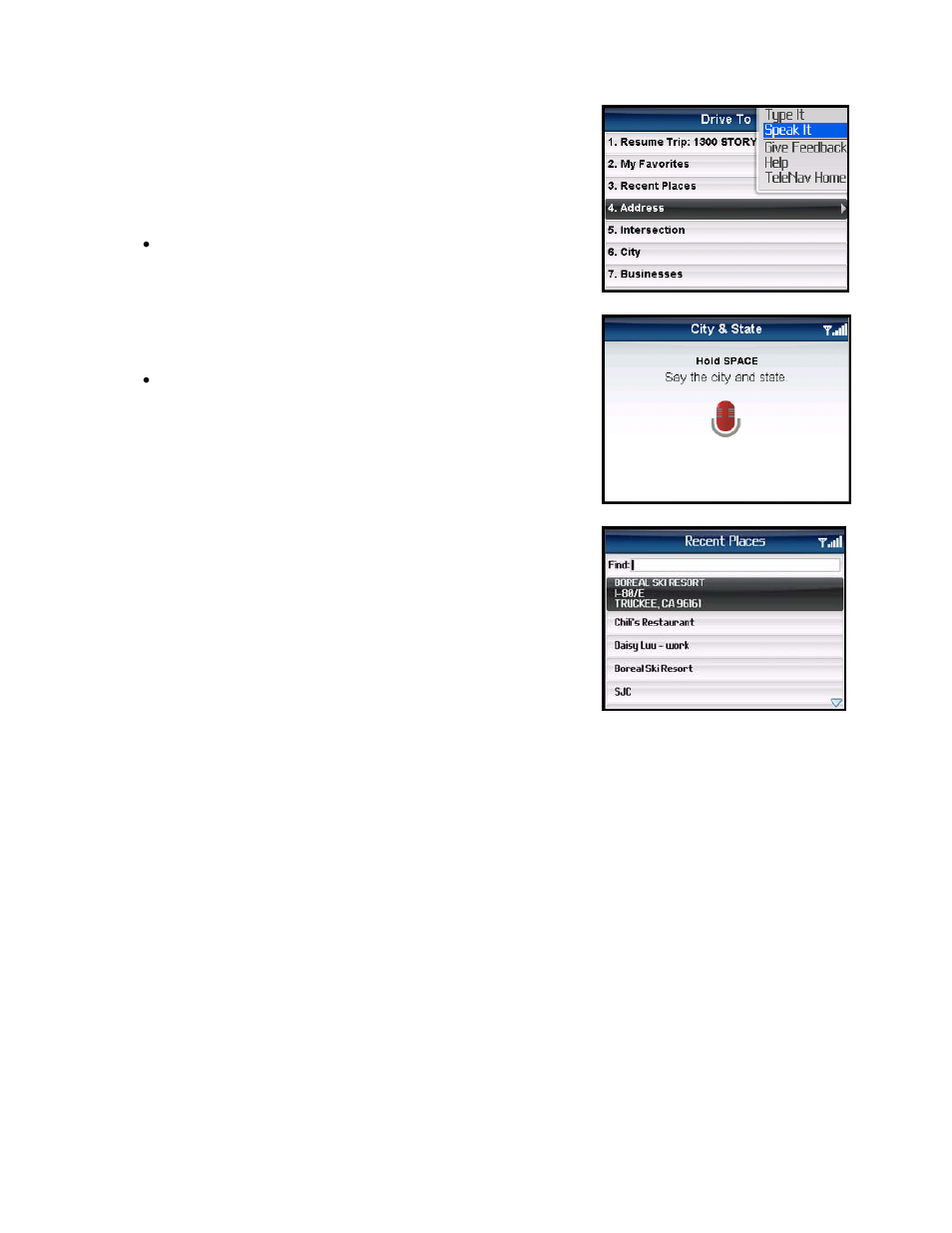 Address – speaking in, Speak in address with bluetooth headset | Telenav for Verizon Supported Devices: v5.5 for BlackBerry Tour User Manual | Page 23 / 68