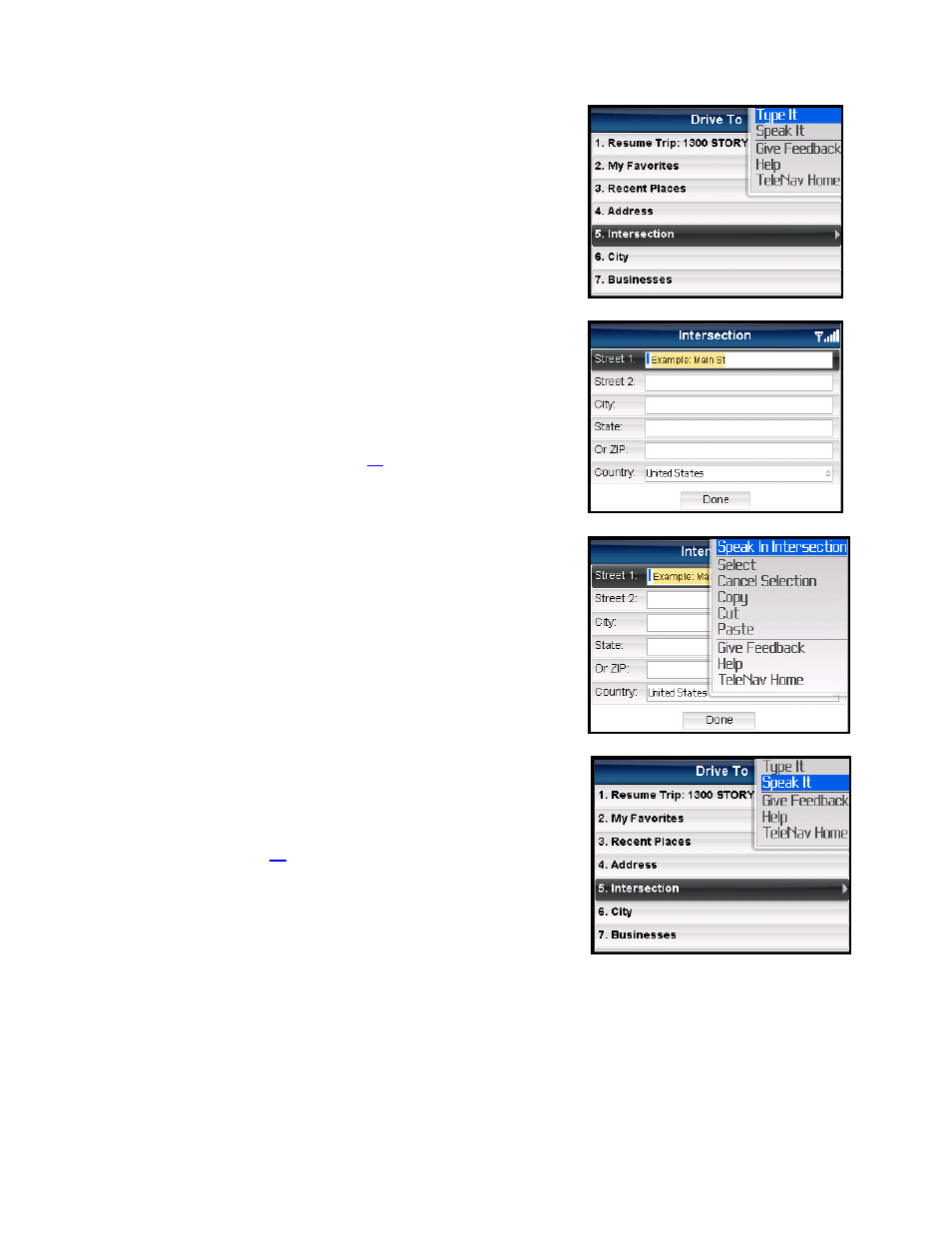 Intersection – typing in, Intersection – speaking in | Telenav for Verizon Supported Devices: v5.5 for BlackBerry Tour User Manual | Page 25 / 68
