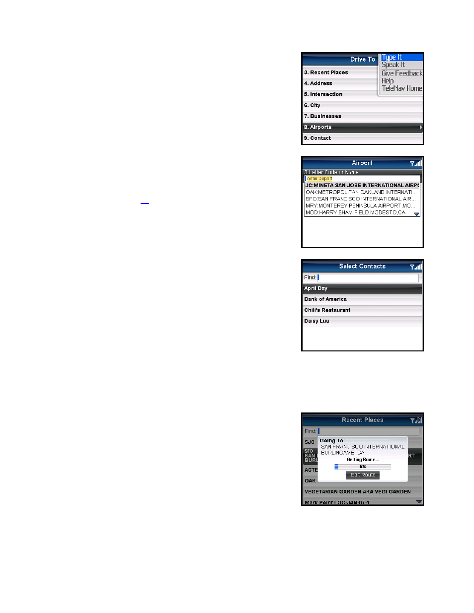 Airports, Contact, Navigation options (going to screen) | Edit origin, Edit destination, Edit preferences | Telenav for Verizon Supported Devices: v5.5 for BlackBerry Tour User Manual | Page 27 / 68