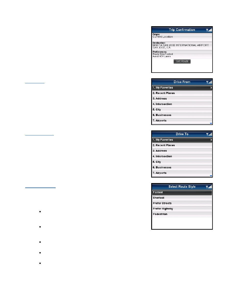 Initial driving directions, Moving to the nearest street, Audible guidance tones | Edit origin, Edit destination, Edit preferences | Telenav for Verizon Supported Devices: v5.5 for BlackBerry Tour User Manual | Page 28 / 68