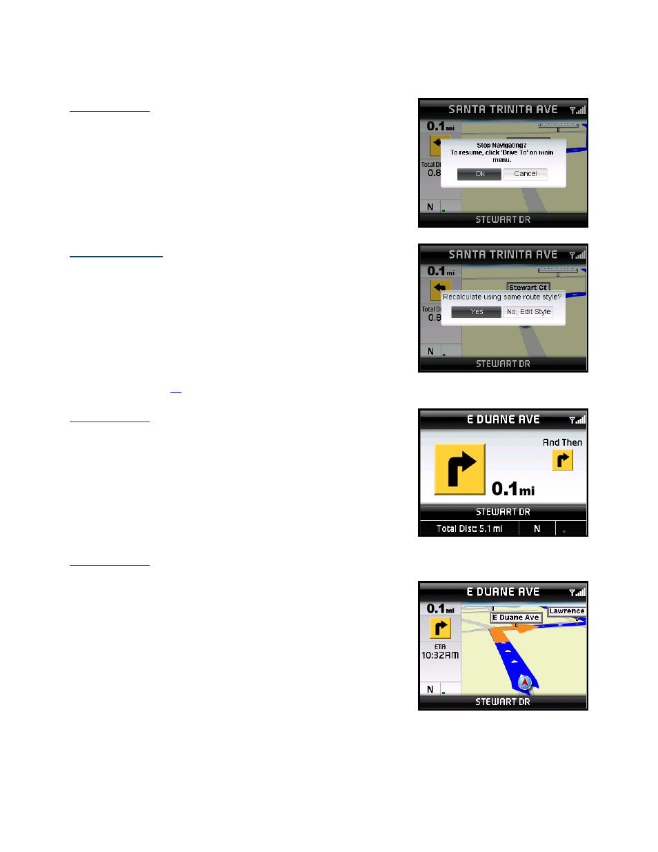 Stop navigating, Recalculate route, Turn icons only | 3d moving map | Telenav for Verizon Supported Devices: v5.5 for BlackBerry Tour User Manual | Page 31 / 68