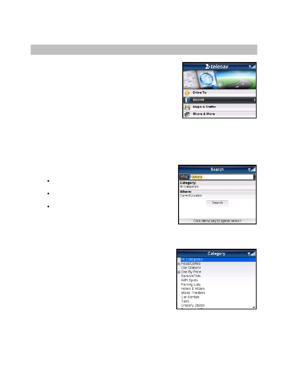Search menu, Search by category | Telenav for Verizon Supported Devices: v5.5 for BlackBerry Tour User Manual | Page 38 / 68