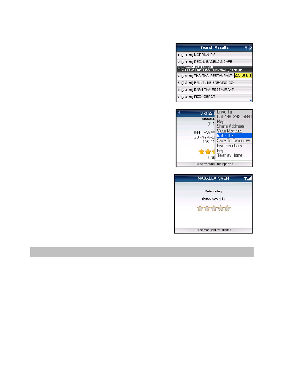 Submit your own rating, Maps & traffic menu | Telenav for Verizon Supported Devices: v5.5 for BlackBerry Tour User Manual | Page 44 / 68