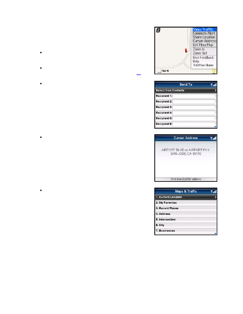 Map menu options | Telenav for Verizon Supported Devices: v5.5 for BlackBerry Tour User Manual | Page 46 / 68