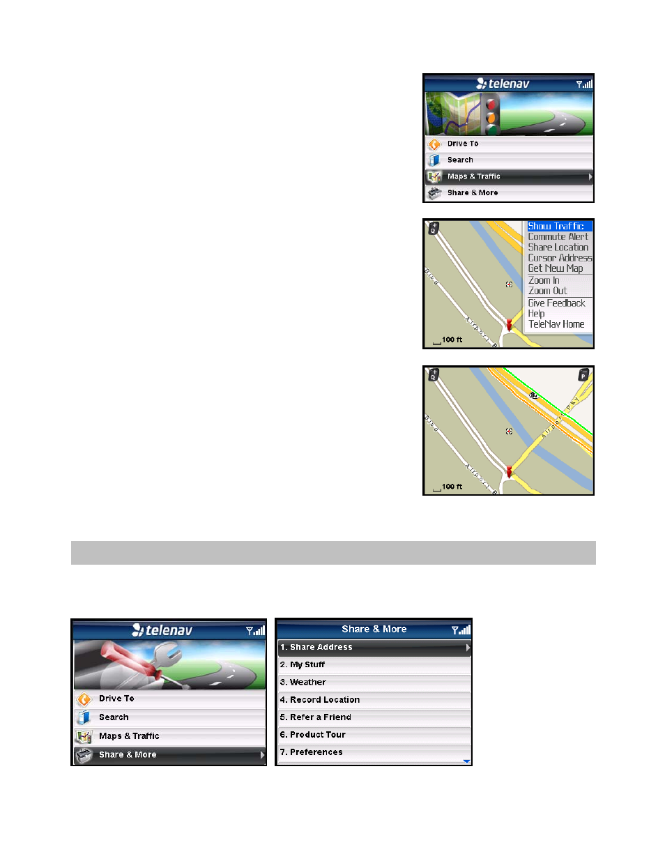 Check traffic, Share & more menu | Telenav for Verizon Supported Devices: v5.5 for BlackBerry Tour User Manual | Page 47 / 68