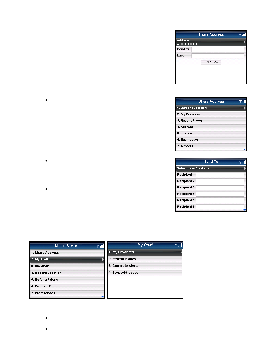 Share address, My stuff | Telenav for Verizon Supported Devices: v5.5 for BlackBerry Tour User Manual | Page 48 / 68