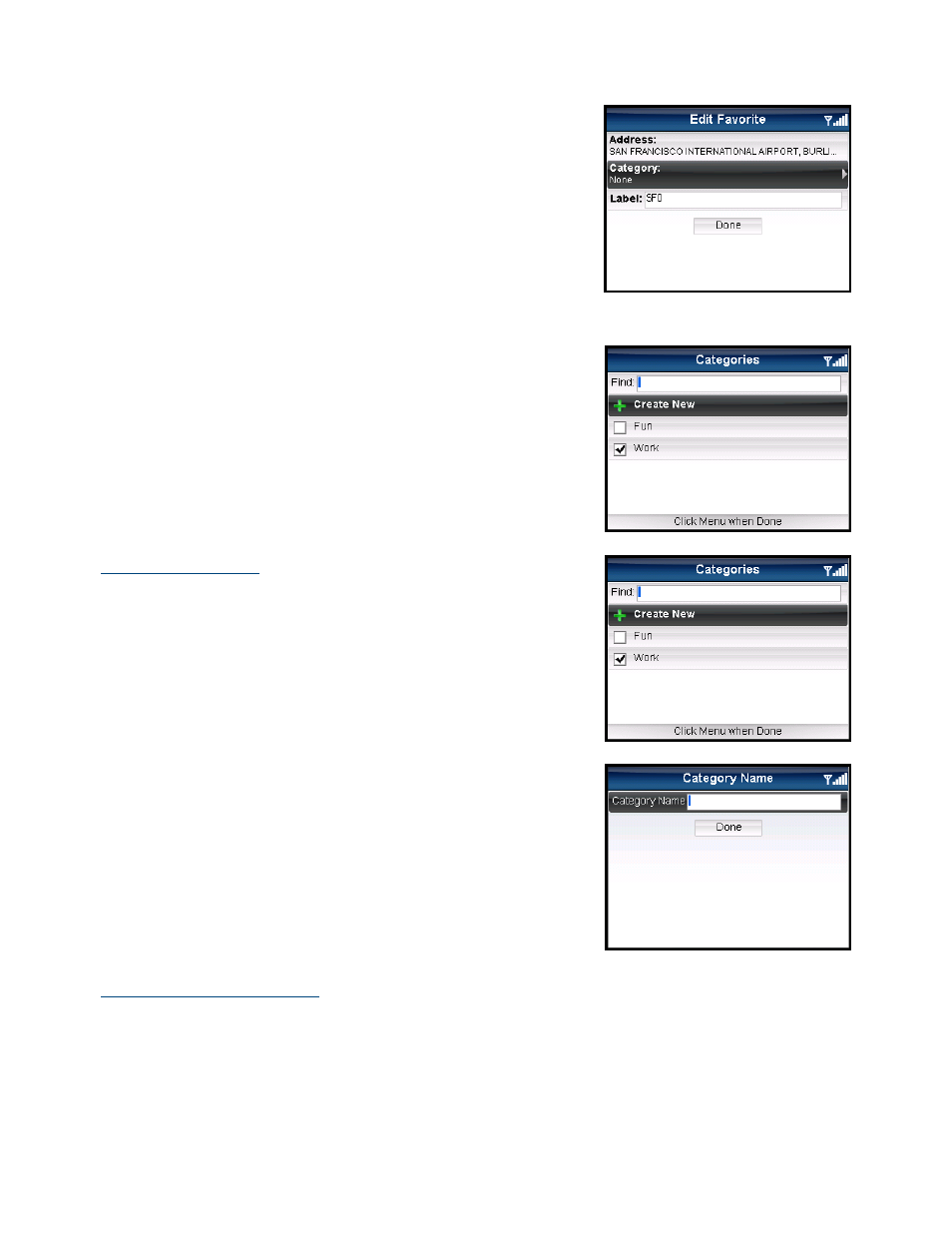 Category, Create new category, Delete or rename a category | Telenav for Verizon Supported Devices: v5.5 for BlackBerry Tour User Manual | Page 50 / 68