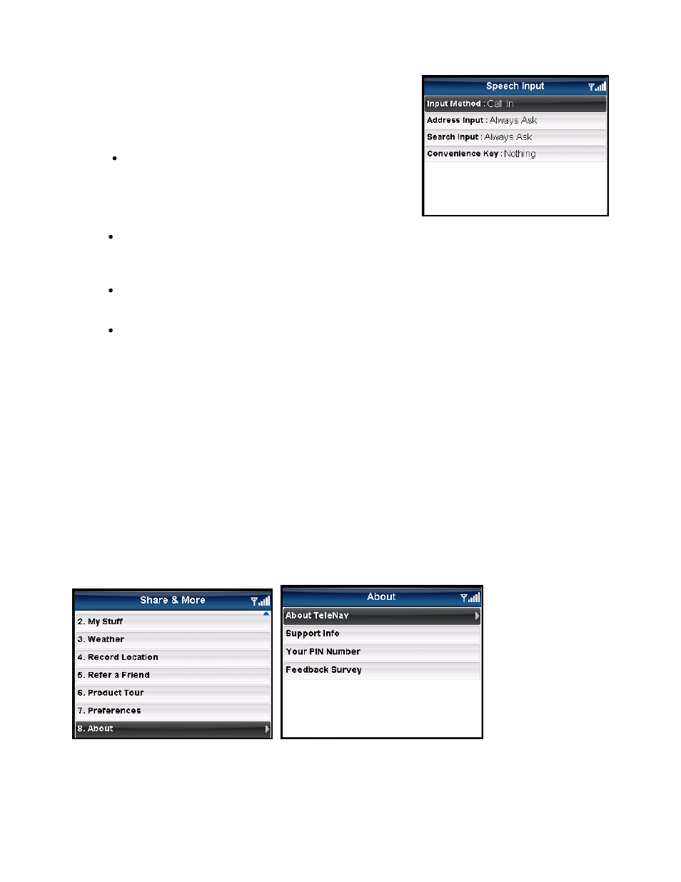 Speech input, About | Telenav for Verizon Supported Devices: v5.5 for BlackBerry Tour User Manual | Page 59 / 68