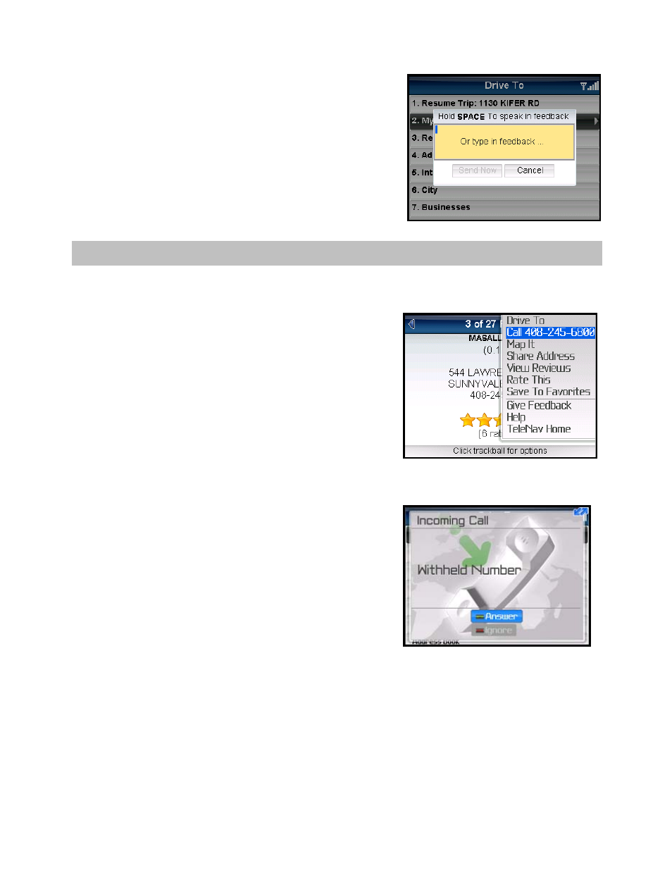 Suspending telenav gps navigator, Making a phone call from telenav gps navigator, Taking an incoming call | Telenav for Verizon Supported Devices: v5.5 for BlackBerry Tour User Manual | Page 61 / 68