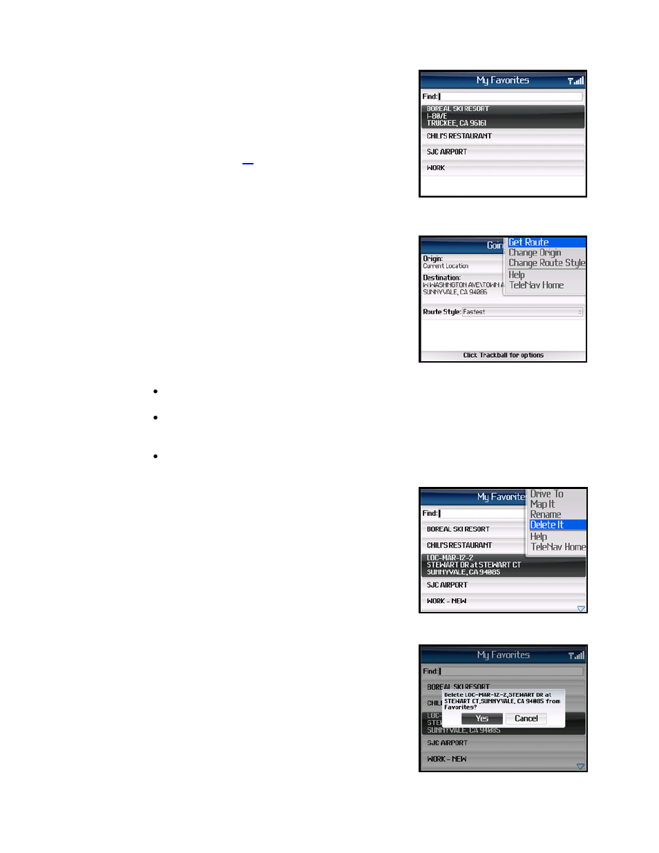 My favorites, Deleting a favorite | Telenav for Alltel Supported Devices: v5.1 for BlackBerry 8130 User Manual | Page 17 / 52