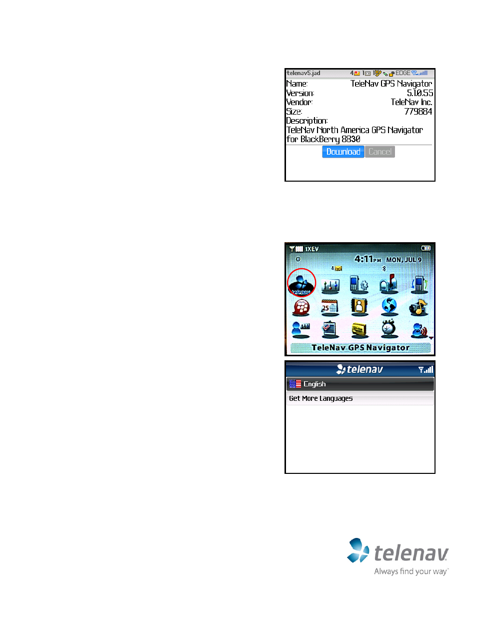 Running telenav gps navigator, Quick-start guide for verizon blackberry 8830 | Telenav for Verizon Supported Devices: v5.1 for BlackBerry 8830 Quick Start Guide User Manual | Page 2 / 3