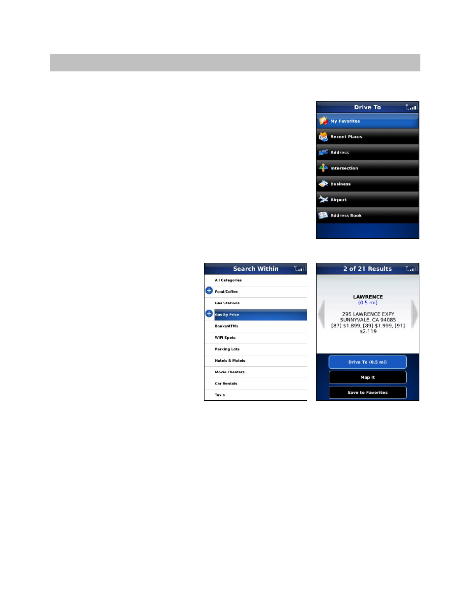 Drive to menu | Telenav for Verizon Supported Devices: v5.1 for BlackBerry Storm User Manual | Page 15 / 56