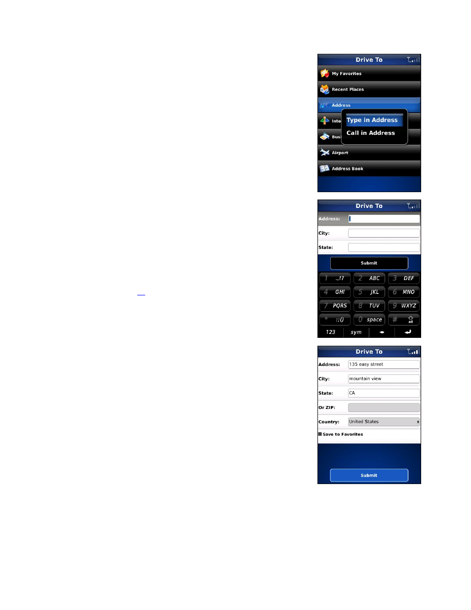 Address – typing in | Telenav for Verizon Supported Devices: v5.1 for BlackBerry Storm User Manual | Page 21 / 56