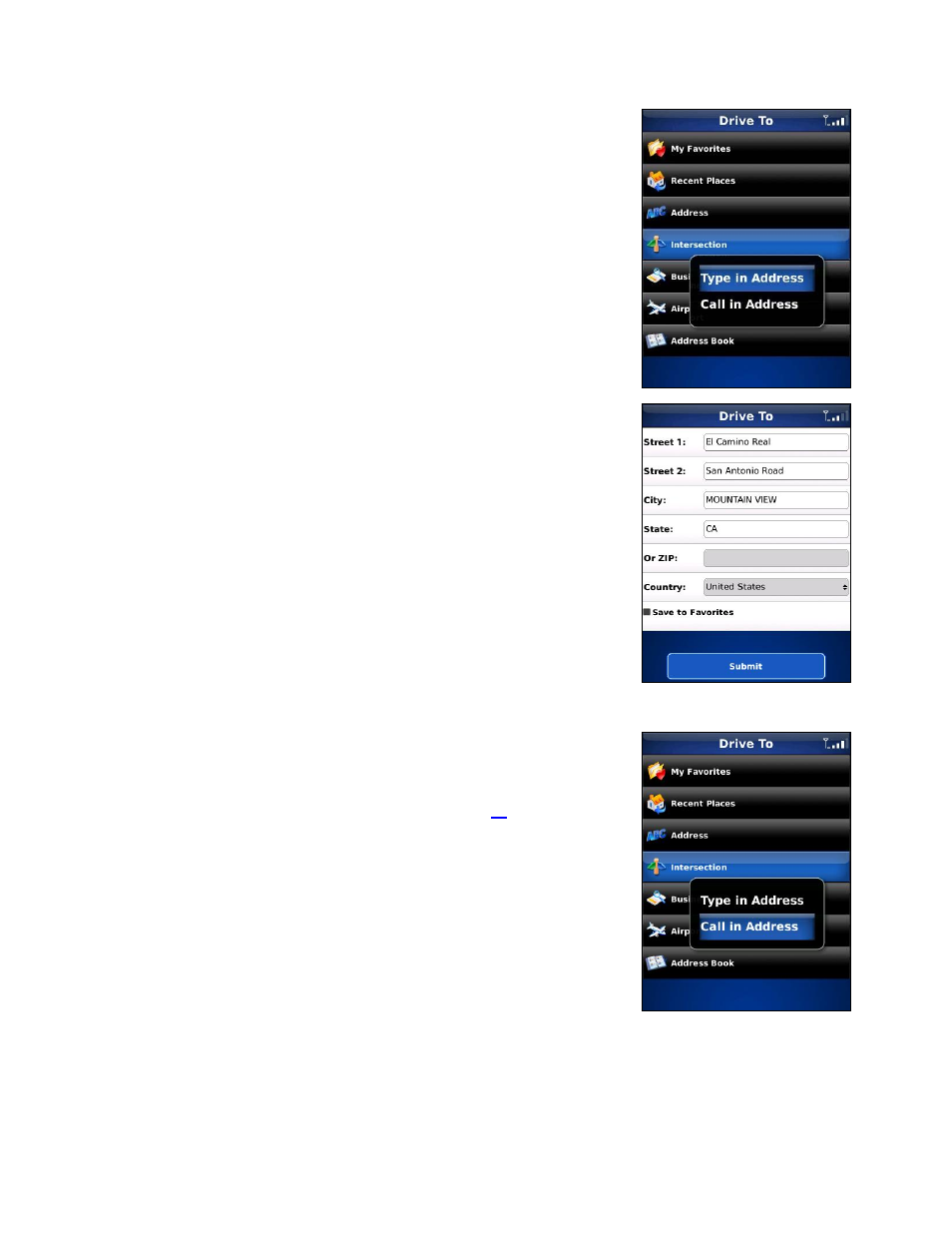 Intersection – typing in, Intersection – calling in | Telenav for Verizon Supported Devices: v5.1 for BlackBerry Storm User Manual | Page 25 / 56