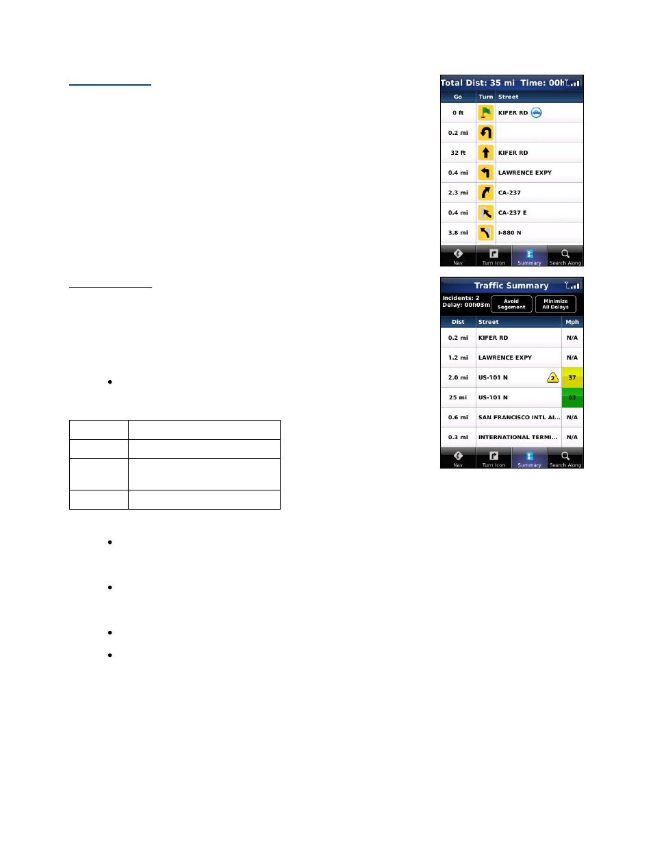 Route summary, Traffic summary | Telenav for Verizon Supported Devices: v5.1 for BlackBerry Storm User Manual | Page 33 / 56