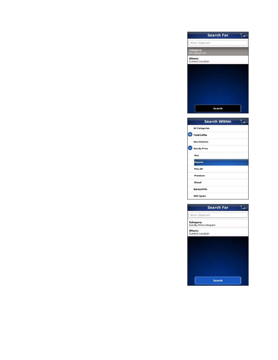 Search for gas by price | Telenav for Verizon Supported Devices: v5.1 for BlackBerry Storm User Manual | Page 41 / 56