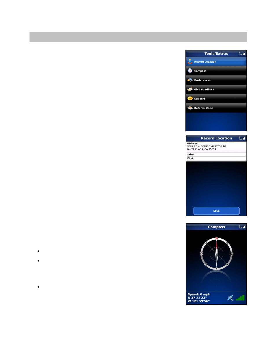 Tools/extras menu, Record location, Compass | Telenav for Verizon Supported Devices: v5.1 for BlackBerry Storm User Manual | Page 46 / 56