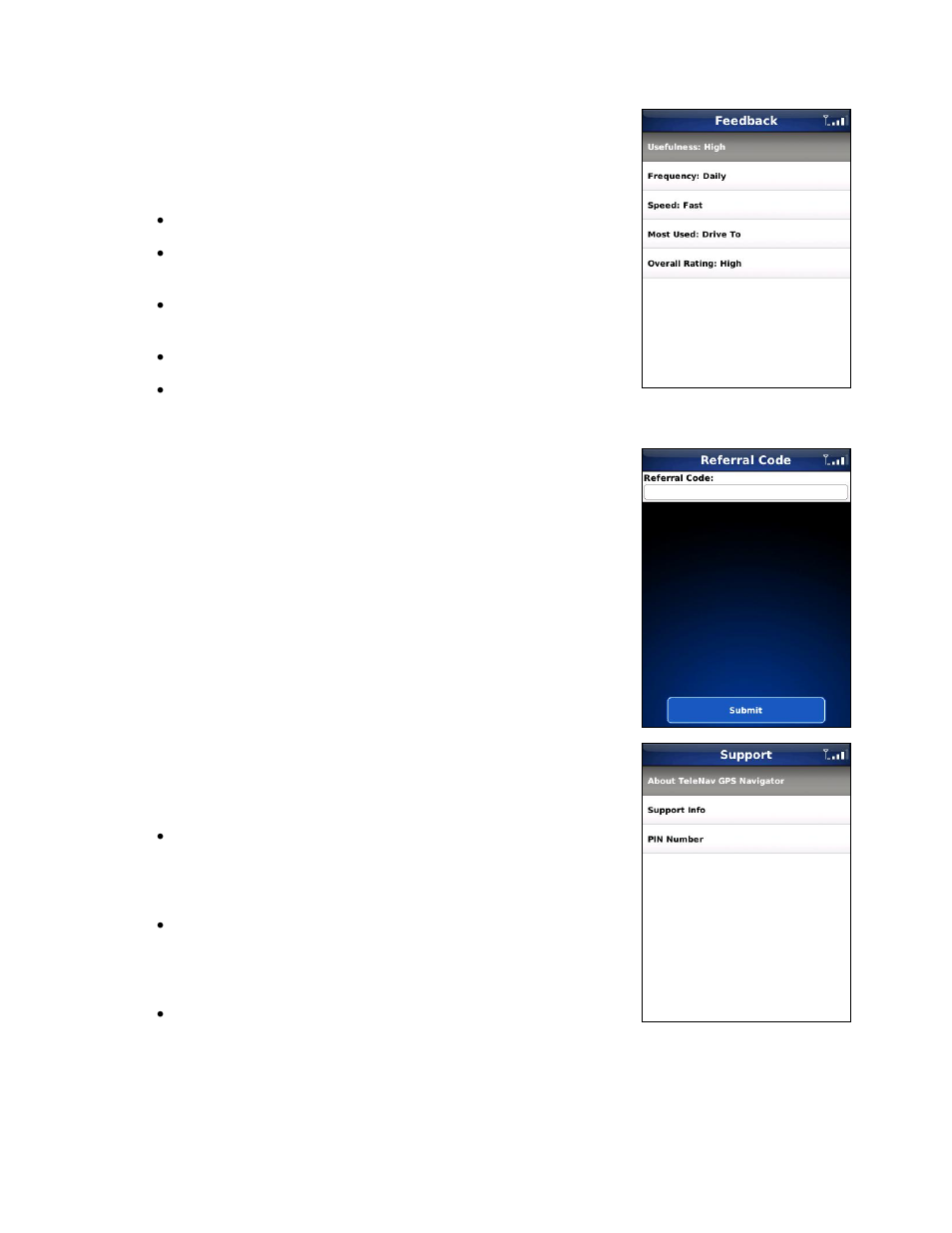 Give feedback, Referral, Support | Telenav for Verizon Supported Devices: v5.1 for BlackBerry Storm User Manual | Page 48 / 56