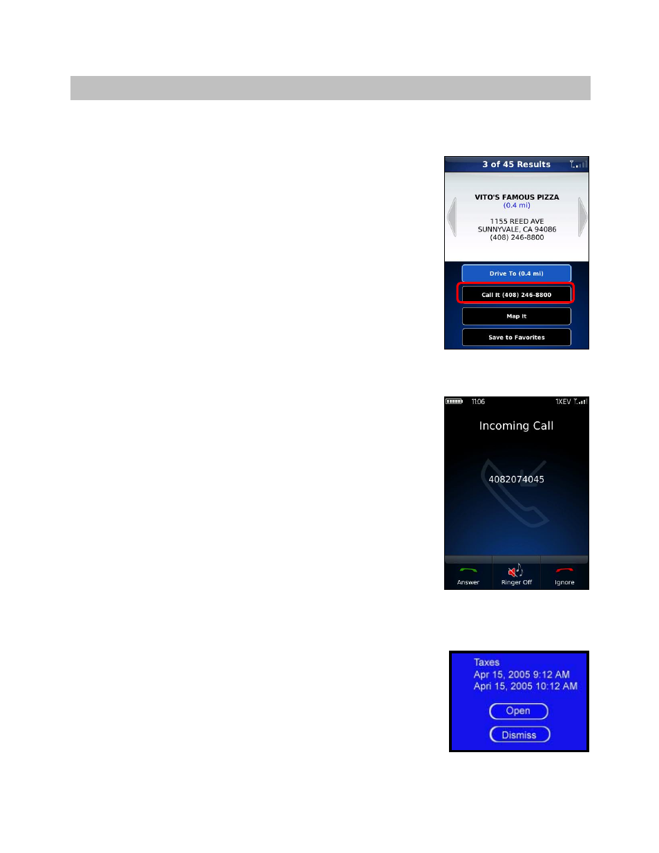 Suspending telenav gps navigator, Making a phone call from telenav gps navigator, Taking an incoming call | Calendar and e-mail events | Telenav for Verizon Supported Devices: v5.1 for BlackBerry Storm User Manual | Page 49 / 56