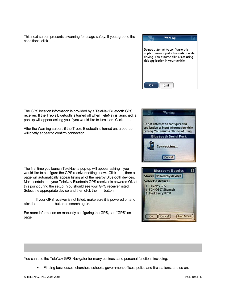 Warning screen, Telenav bluetooth gps configuration, Using the telenav gps navigator application | Telenav for Sprint Supported Devices: v5.0 for Palm Treo 700p, Treo 755p User Manual | Page 10 / 43