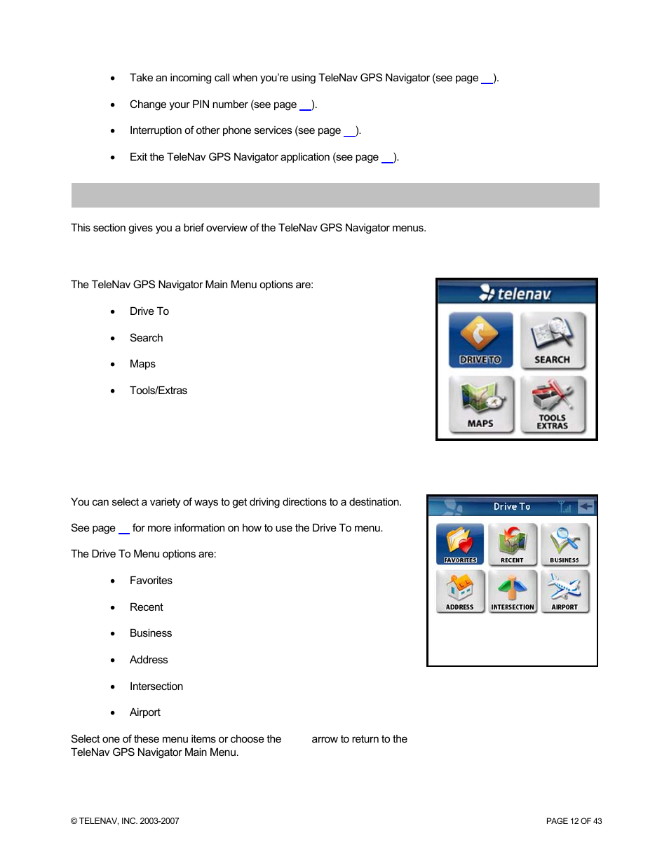 Telenav gps navigator menu overview, Main menu | Telenav for Sprint Supported Devices: v5.0 for Palm Treo 700p, Treo 755p User Manual | Page 12 / 43