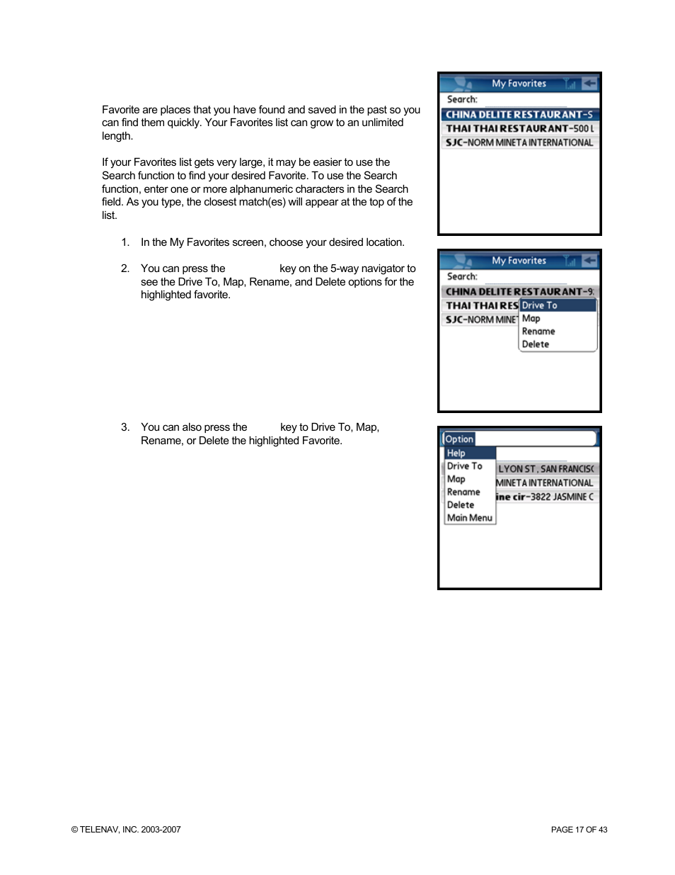 Favorites | Telenav for Sprint Supported Devices: v5.0 for Palm Treo 700p, Treo 755p User Manual | Page 17 / 43