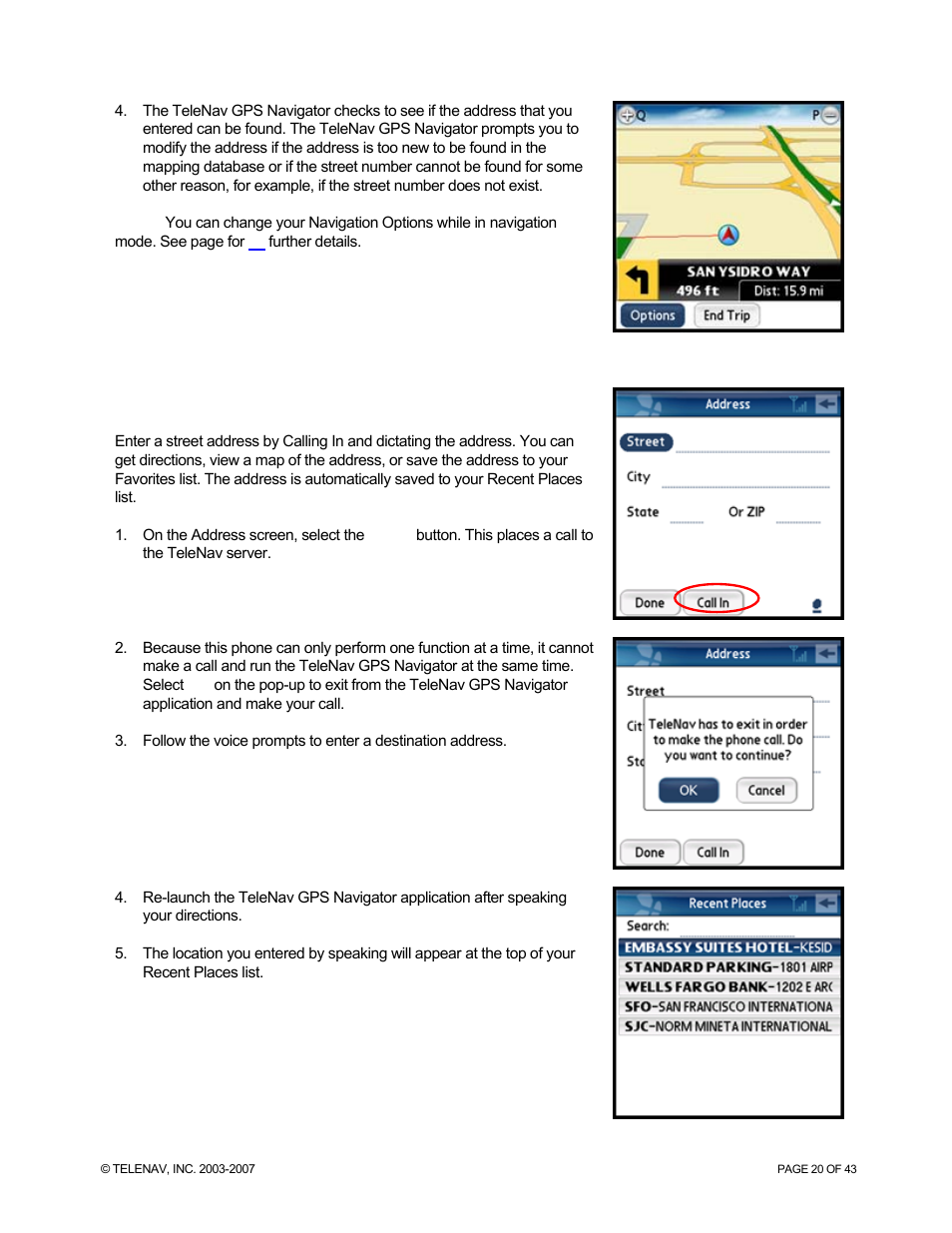 Address – calling in | Telenav for Sprint Supported Devices: v5.0 for Palm Treo 700p, Treo 755p User Manual | Page 20 / 43