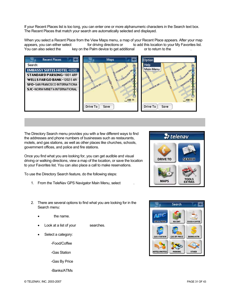 Directory search menu | Telenav for Sprint Supported Devices: v5.0 for Palm Treo 700p, Treo 755p User Manual | Page 31 / 43