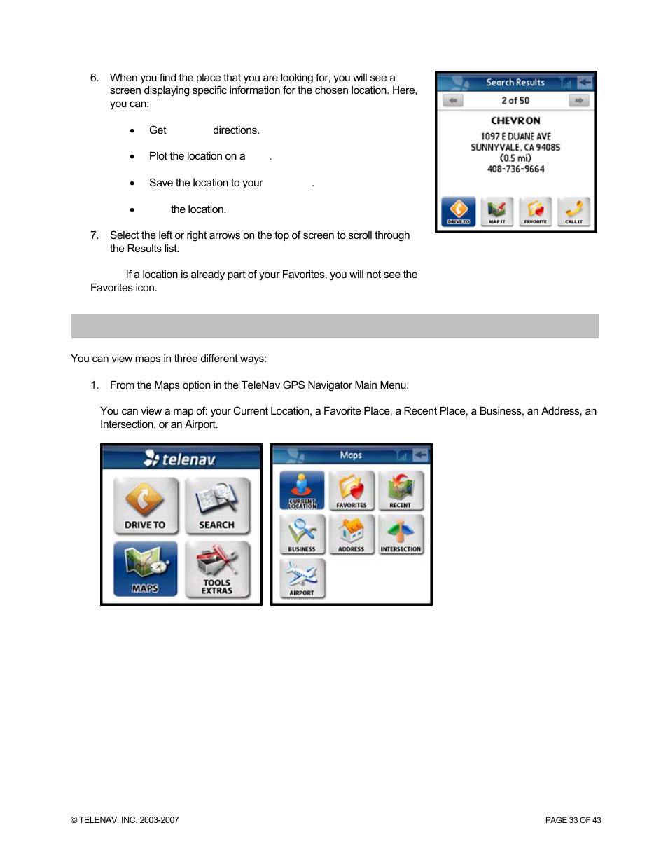 Maps menu | Telenav for Sprint Supported Devices: v5.0 for Palm Treo 700p, Treo 755p User Manual | Page 33 / 43