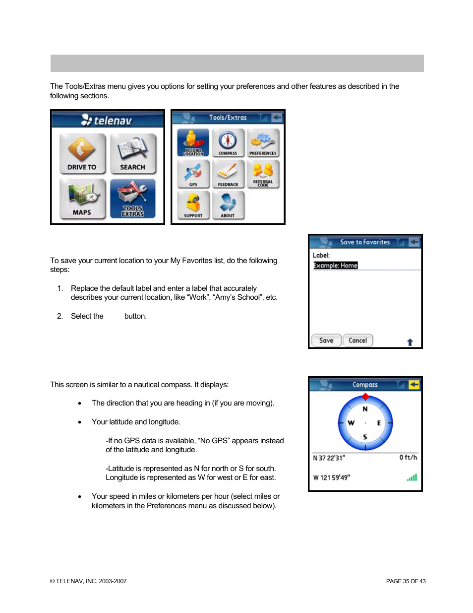 Tools/extras menu, Record location, Compass | Telenav for Sprint Supported Devices: v5.0 for Palm Treo 700p, Treo 755p User Manual | Page 35 / 43