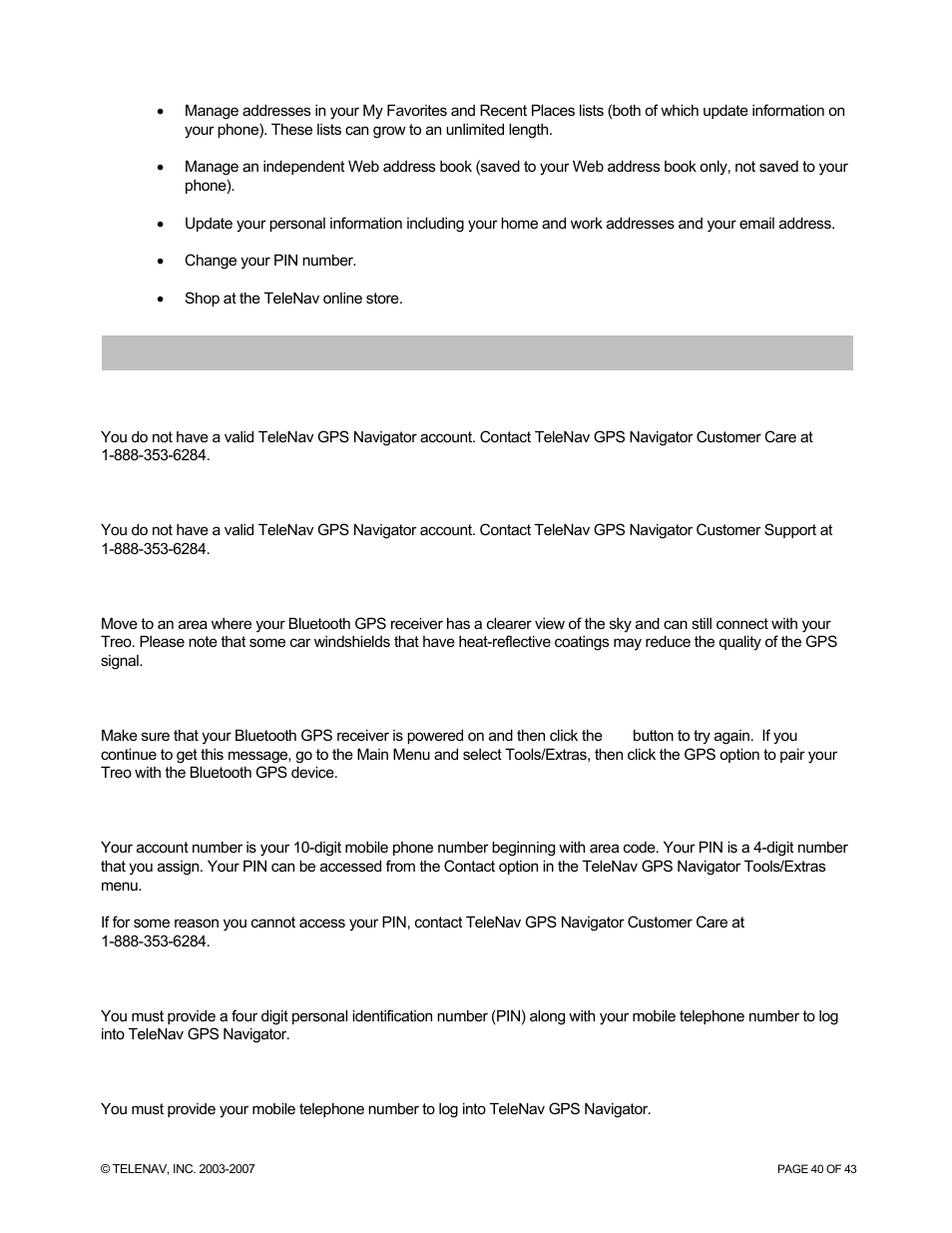 Error conditions | Telenav for Sprint Supported Devices: v5.0 for Palm Treo 700p, Treo 755p User Manual | Page 40 / 43