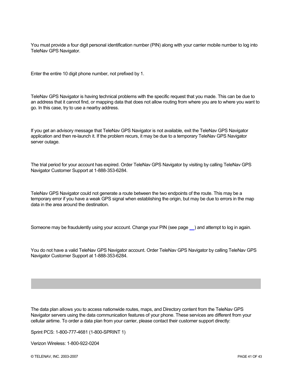 Faqs | Telenav for Sprint Supported Devices: v5.0 for Palm Treo 700p, Treo 755p User Manual | Page 41 / 43