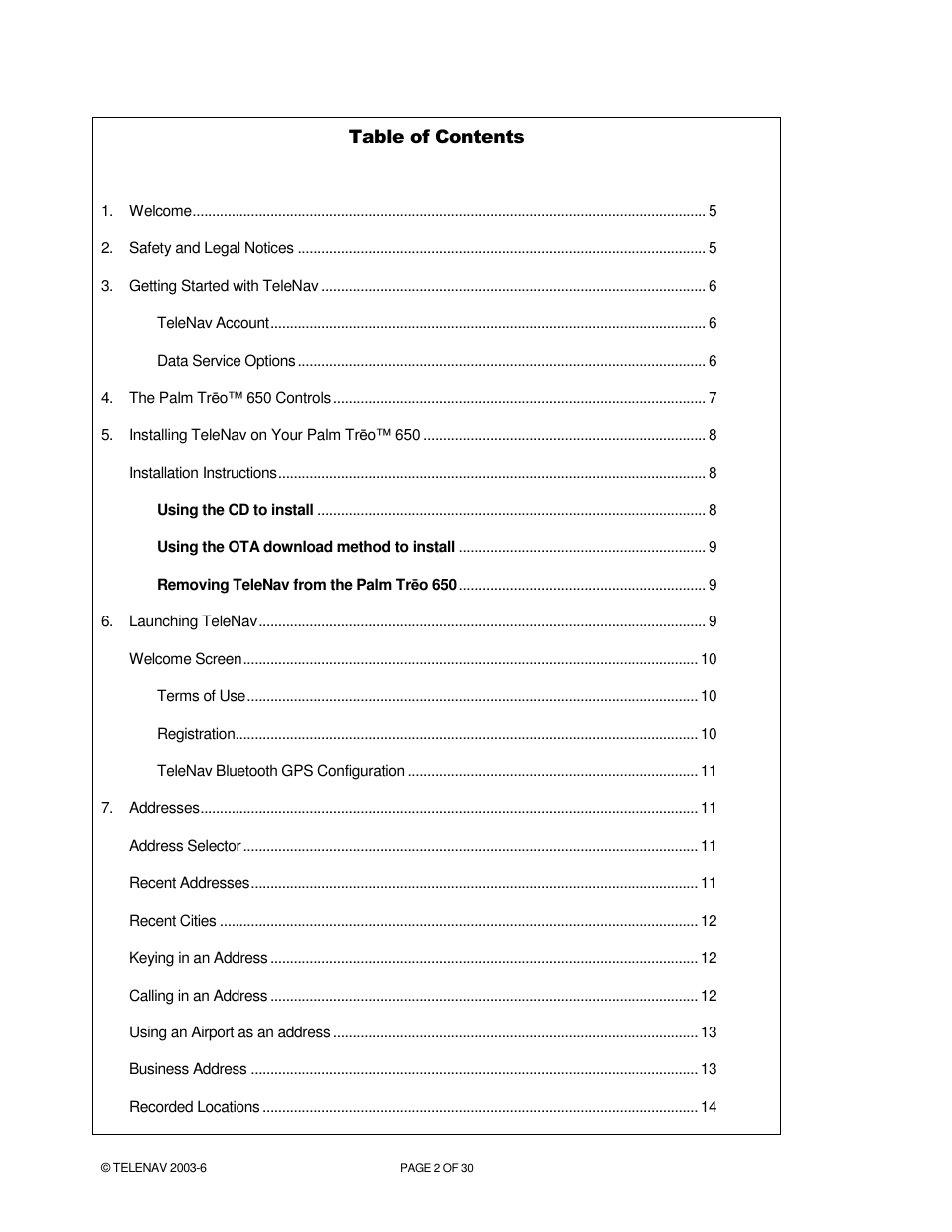 Telenav for Verizon Supported Devices: v4.1 for Palm Treo 650 User Manual | Page 2 / 30