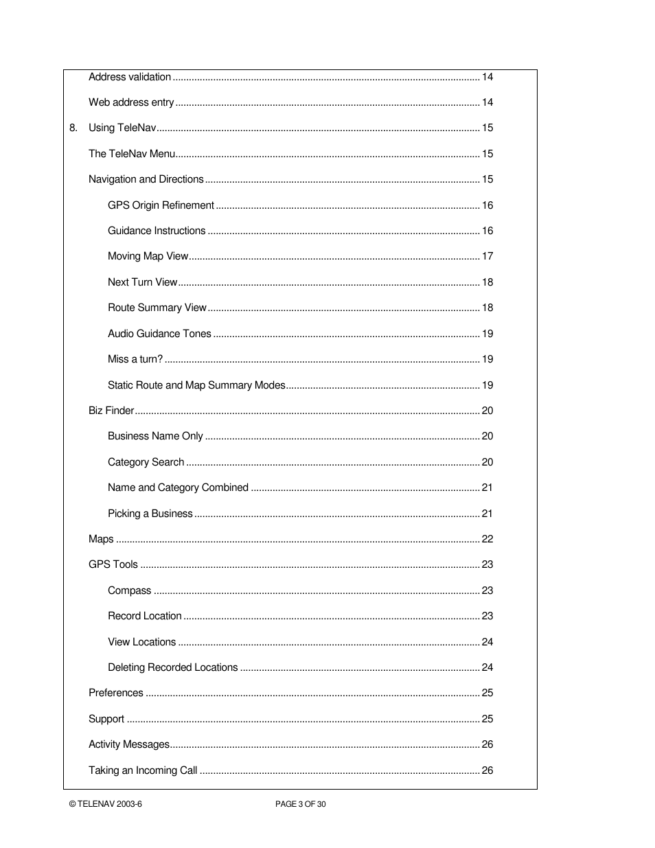 Telenav for Verizon Supported Devices: v4.1 for Palm Treo 650 User Manual | Page 3 / 30