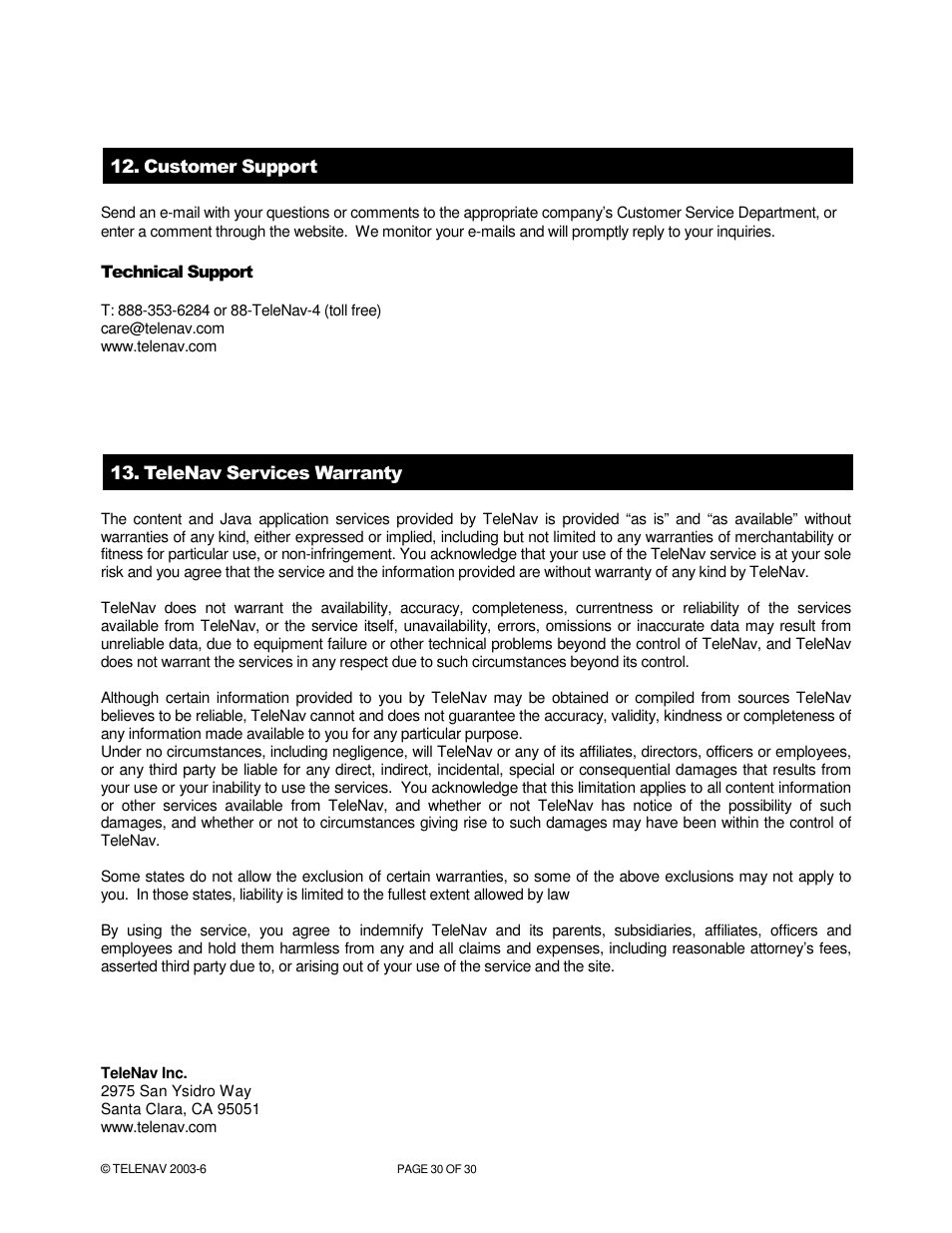 Telenav for Verizon Supported Devices: v4.1 for Palm Treo 650 User Manual | Page 30 / 30