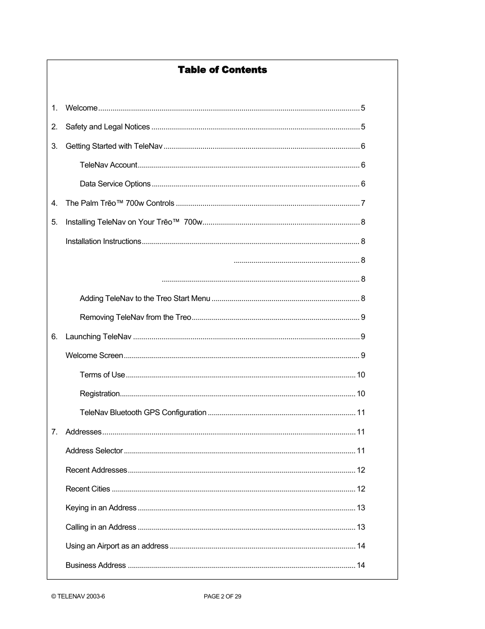Telenav for Verizon Supported Devices: v4.1 for Palm Treo 700w User Manual | Page 2 / 29