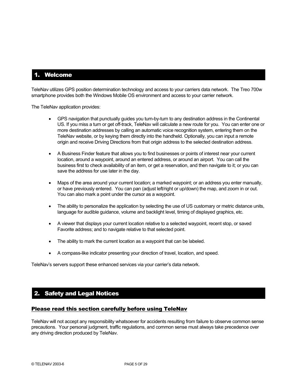 Telenav for Verizon Supported Devices: v4.1 for Palm Treo 700w User Manual | Page 5 / 29