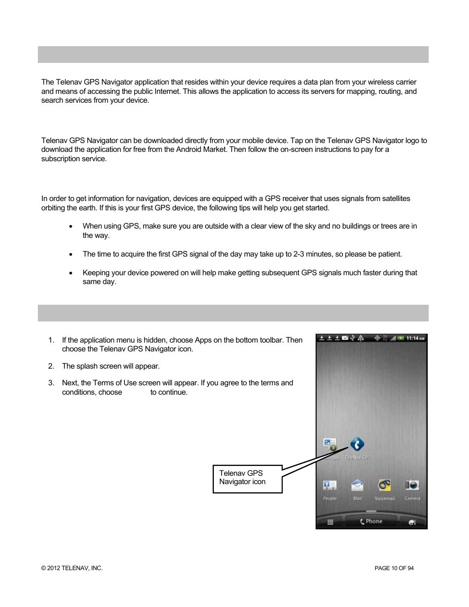 Getting started with telenav gps navigator, 1 software installation, 2 tips on using gps | Launching telenav gps navigator, Software installation, Tips on using gps | Telenav for T-Mobile Supported Devices: v7.1 for Android phones User Manual | Page 10 / 94