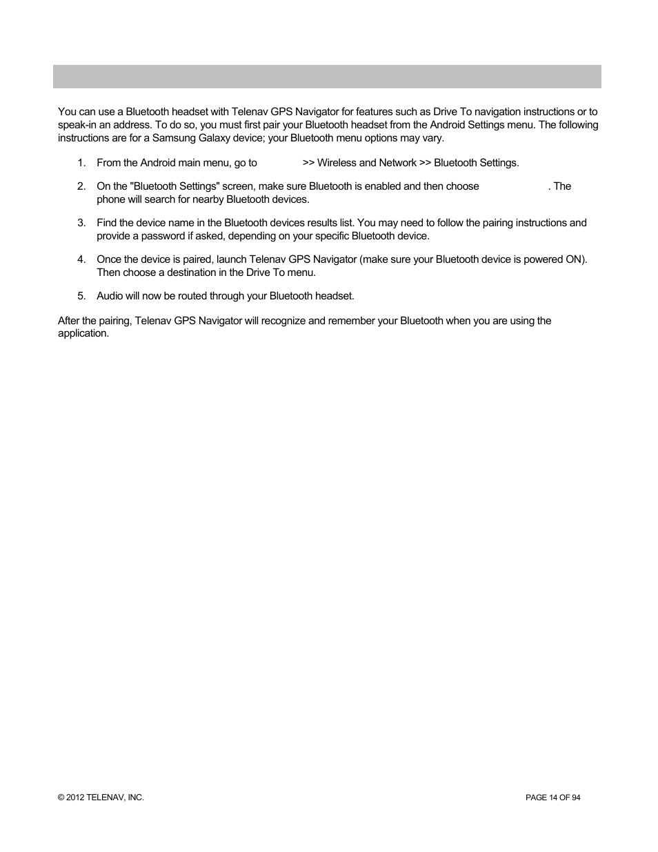 Using a bluetooth headset | Telenav for T-Mobile Supported Devices: v7.1 for Android phones User Manual | Page 14 / 94
