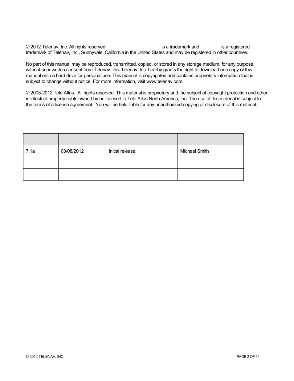 Copyright | Telenav for T-Mobile Supported Devices: v7.1 for Android phones User Manual | Page 2 / 94