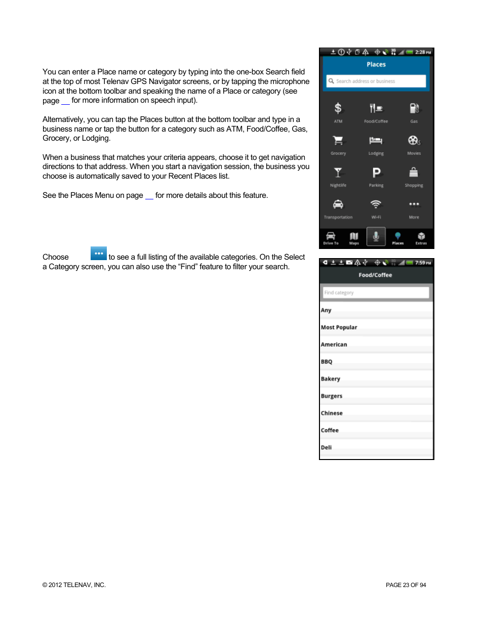 5 places, Places | Telenav for T-Mobile Supported Devices: v7.1 for Android phones User Manual | Page 23 / 94