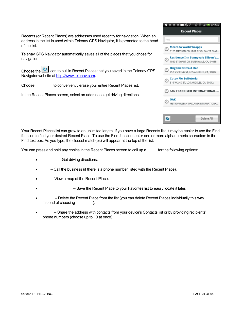 6 recents, Recents | Telenav for T-Mobile Supported Devices: v7.1 for Android phones User Manual | Page 24 / 94